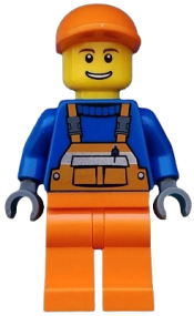 LEGO Overalls with Safety Stripe Orange, Orange Legs, Orange Short Bill Cap, Thin Grin with Teeth minifigure