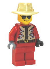 LEGO Red Jacket with Tan and White Zigzag Pattern, Red Legs, Tan Fedora, Black and Silver Sunglasses minifigure