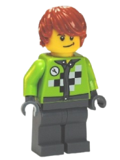 LEGO Lime Jacket with Wrench and Black and White Checkered Pattern, Dark Bluish Gray Legs, Dark Orange Hair, Crooked Smile minifigure