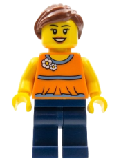 LEGO Orange Halter Top with Medium Blue Trim and Flowers Pattern, Dark Blue Legs, Reddish Brown Ponytail and Swept Sideways Fringe minifigure