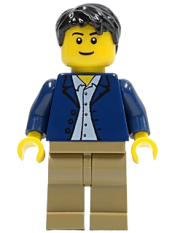 LEGO Dark Blue Jacket, Light Blue Shirt, Dark Tan Legs, Black Male Hair minifigure