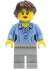 LEGO Medium Blue Female Shirt with Two Buttons and Shell Pendant, Light Bluish Gray Legs, Dark Brown Ponytail Long French Braided minifigure