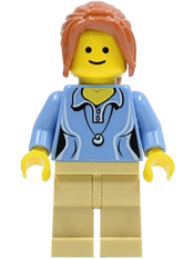 LEGO Medium Blue Female Shirt with Two Buttons and Shell Pendant, Tan Legs, Dark Orange Hair Ponytail Long with Side Bangs minifigure