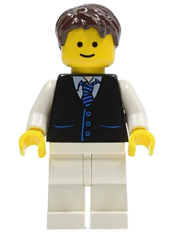 LEGO Black Vest with Blue Striped Tie, White Legs, Dark Brown Short Tousled Hair minifigure