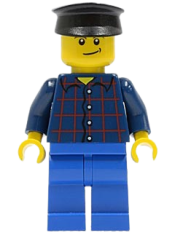 LEGO Plaid Button Shirt, Blue Legs, Black Hat, Lopsided Smile with Dimple (Truck Driver) minifigure