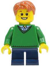 LEGO Boy, Green V-Neck Sweater, Dark Blue Short Legs minifigure