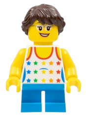 LEGO Shirt with Female Rainbow Stars Pattern, Dark Azure Short Legs, Glasses, Eyelashes, Dark Brown Hair minifigure