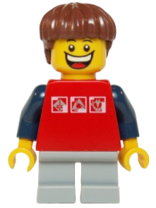 LEGO Red Shirt with 3 Silver Logos, Dark Blue Arms, Light Bluish Gray Short Legs, Reddish Brown Hair minifigure