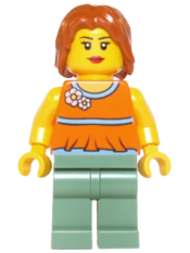 LEGO Orange Halter Top with Medium Blue Trim and Flowers Pattern, Sand Green Legs, Dark Orange Hair minifigure