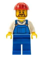 LEGO Overalls Blue over V-Neck Shirt, Blue Legs, Red Construction Helmet, Beard minifigure