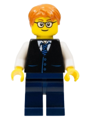 LEGO Black Vest with Blue Striped Tie, Dark Blue Legs, White Arms, Dark Orange Short Tousled Hair, Rounded Glasses set