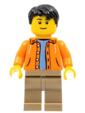 LEGO Orange Jacket with Hood over Light Blue Sweater, Dark Tan Legs, Black Short Tousled Hair minifigure