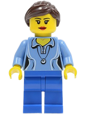 LEGO Medium Blue Female Shirt with Two Buttons and Shell Pendant, Blue Legs, Dark Brown Ponytail and Swept Sideways Fringe minifigure