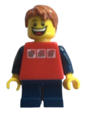 LEGO Red Shirt with 3 Silver Logos, Dark Blue Arms, Dark Blue Short Legs, Dark Orange Hair minifigure