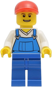 LEGO Overalls Blue over V-Neck Shirt, Blue Legs, Red Short Bill Cap, Grin with Teeth minifigure