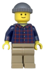 LEGO Plaid Button Shirt with Back Print, Dark Tan Legs, Dark Bluish Gray Knit Cap, Standard Grin (Pool Player) minifigure