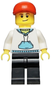 LEGO White Hoodie with Blue Pockets, Black Legs, Red Short Bill Cap, Crooked Smile minifigure