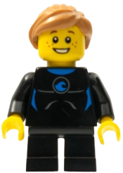 LEGO Wetsuit with Blue Sign, Black Short Legs, Medium Nougat Ponytail and Swept Sideways Fringe minifigure