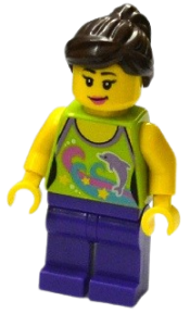 LEGO Female Lime Halter Top with Dolphin Pattern, Dark Purple Legs, Dark Brown Ponytail and Swept Sideways Fringe, Pink Lips minifigure