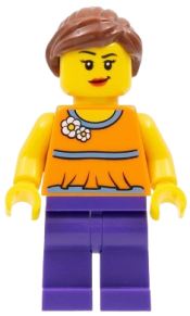 LEGO Orange Halter Top with Medium Blue Trim and Flowers Pattern, Dark Purple Legs, Reddish Brown Ponytail and Swept Sideways Fringe minifigure