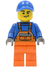 LEGO Overalls with Safety Stripe Orange, Orange Legs, Blue Cap with Hole, Lopsided Grin minifigure