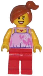 LEGO Child - Bright Pink Top with Butterflies and Flowers, Red Legs, Off-center Ponytail minifigure