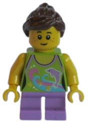 LEGO Girl, Dolphin Top, Short Medium Lavender Legs, Reddish Brown Ponytail and Swept Sideways Fringe minifigure