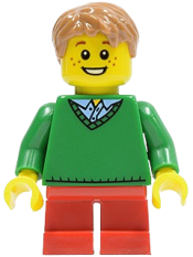 LEGO Boy, Green V-Neck Sweater, Red Short Legs minifigure