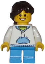 LEGO White Hoodie with Blue Pockets, Dark Azure Short Legs, Freckles - Child minifigure