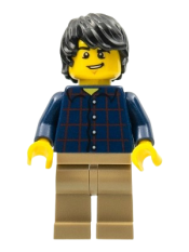 LEGO Plaid Button Shirt, Dark Tan Legs, Black Tousled Hair, Lopsided Grin, Chin Dimple minifigure