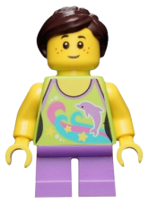 LEGO Girl, Dolphin Top, Short Medium Lavender Legs, Dark Brown Ponytail and Swept Sideways Fringe minifigure