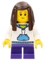 LEGO White Hoodie with Blue Pockets, Dark Purple Short Legs, Dark Brown Long Straight Hair with Side Part minifigure