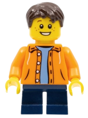 LEGO Orange Jacket with Hood over Light Blue Sweater, Dark Blue Short Legs, Dark Brown Short Tousled Hair minifigure