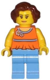 LEGO Orange Halter Top with Medium Blue Trim and Flowers Pattern, Medium Blue Legs, Reddish Brown Hair Short Wavy minifigure