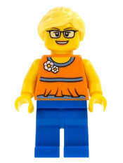 LEGO Orange Halter Top with Medium Blue Trim and Flowers Pattern, Blue Legs, Bright Light Yellow Ponytail and Swept Sideways Fringe minifigure