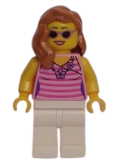 LEGO Dark Pink Striped Top, White Legs, Medium Nougat Female Hair over Shoulder minifigure