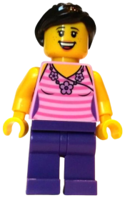 LEGO Female, Dark Pink Striped Top, Dark Purple Legs, Dark Brown Hair Ponytail and Swept Sideways Fringe minifigure