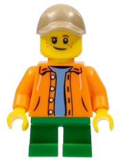 LEGO Boy, Orange Jacket with Hood over Light Blue Sweater, Green Short Legs, Dark Tan Cap with Hole minifigure