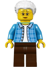 LEGO Grandma, Dark Azure Plaid Jacket with Collar, Dark Brown Legs and White Hair minifigure
