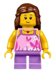 LEGO Girl - Bright Pink Top with Butterflies and Flowers, Medium Lavender Short Legs, Reddish Brown Female Hair Mid-Length minifigure