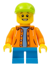 LEGO Boy - Orange Jacket with Hood over Light Blue Sweater, Dark Azure Short Legs, Lime Cap minifigure