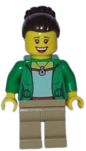 LEGO Mom - Green Female Jacket Open with Necklace, Dark Tan Legs, Dark Brown Hair Female Large High Bun minifigure