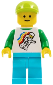 LEGO Classic Space Minifigure Floating Pattern, Medium Azure Legs, Lime Short Bill Cap, Standard Grin minifigure