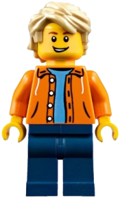 LEGO Orange Jacket with Hood over Light Blue Sweater, Dark Blue Legs, Tan Tousled Hair, Open Lopsided Grin minifigure