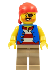 LEGO Pirate Man, Striped Red and White Shirt Under Blue Vest, Red Bandana, Left Eye Patch and 3 Gold Teeth, Dark Tan Legs minifigure