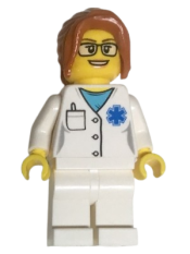 LEGO Doctor - EMT Star of Life, White Legs, Dark Orange Hair Ponytail Long with Side Bangs, Glasses minifigure