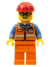 LEGO Orange Safety Vest with Reflective Stripes, Orange Legs, Red Construction Helmet, Glasses minifigure