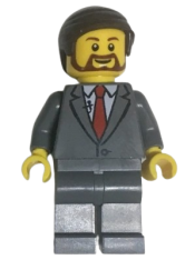 LEGO Suit Jacket Buttoned with Red Tie, Dark Bluish Gray Legs, Dark Brown Smooth Hair minifigure