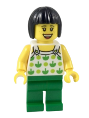 LEGO Female, Black Short Hair, White Top with Green Apples and Lime Dots, Green Legs (Ludo Green) minifigure