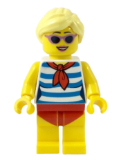 LEGO Female with Blond Hair, Medium Lavender Sunglasses, Red Scarf, Blue Striped Shirt, Red Swimsuit (Ludo Yellow) minifigure